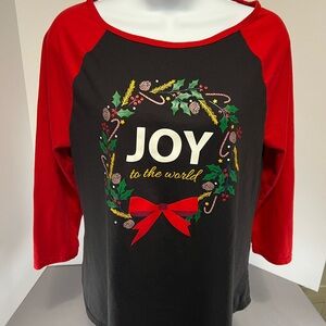 Holiday Time Woman’s T-Shirt "JOY TO THE WORLD" Size  Medium Raglan 3/4 Sleeve
